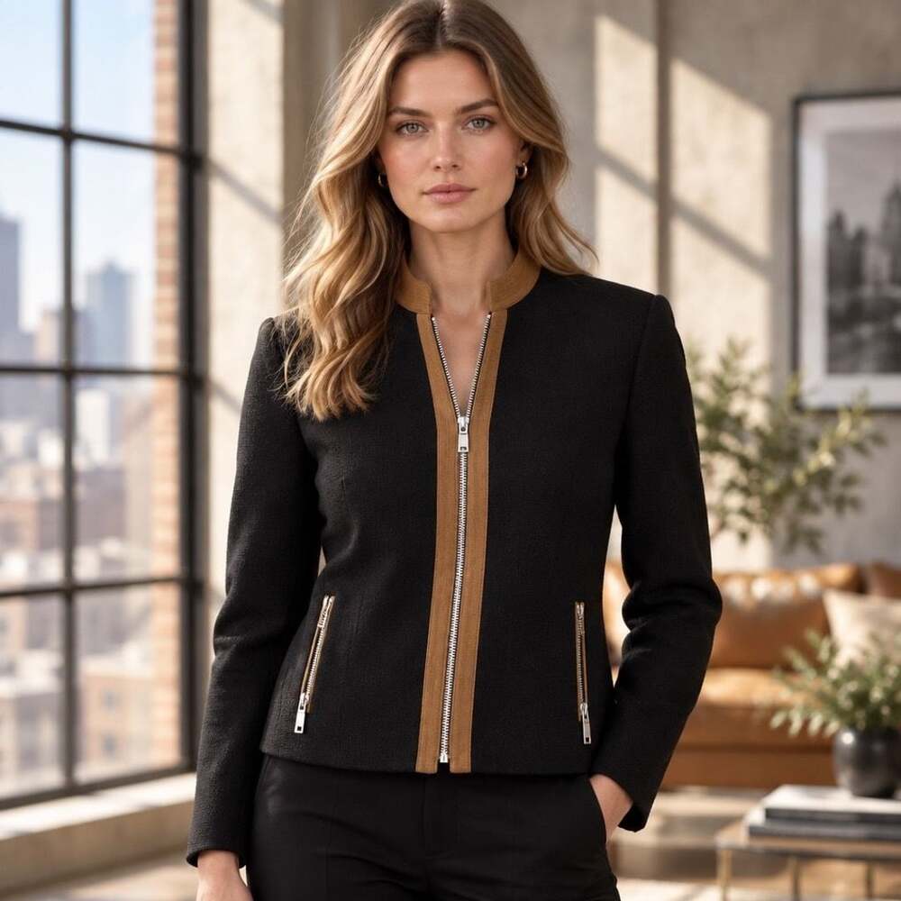 Donna Morgan Zip-Front Jacket Size 14 Black Brown Trim